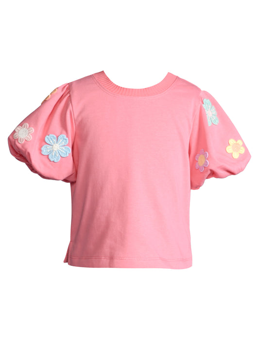 PUFF SLEEVE TOP W/ FLOWER TRIM DETAIL