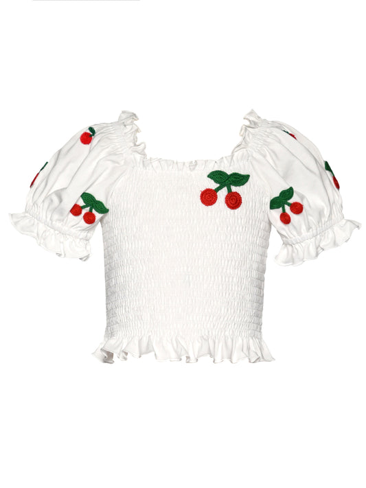 CHERRY EMBROIDERED PUFF SLEEVE SMOCKED TOP