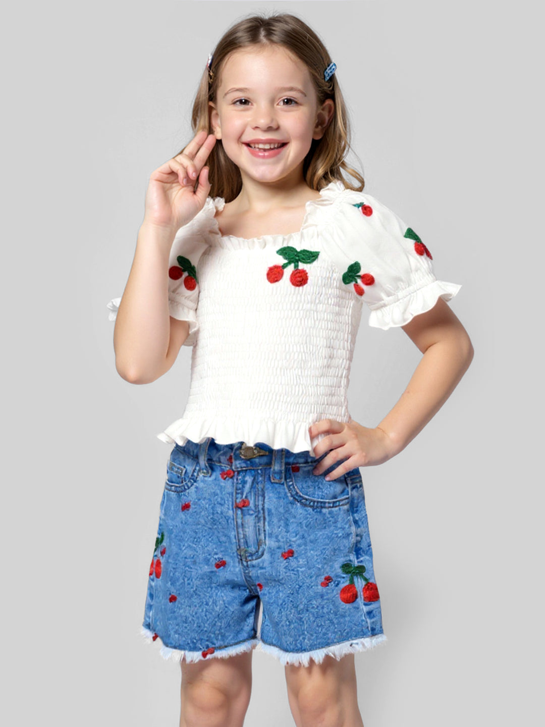 CHERRY EMBROIDERED PUFF SLEEVE SMOCKED TOP