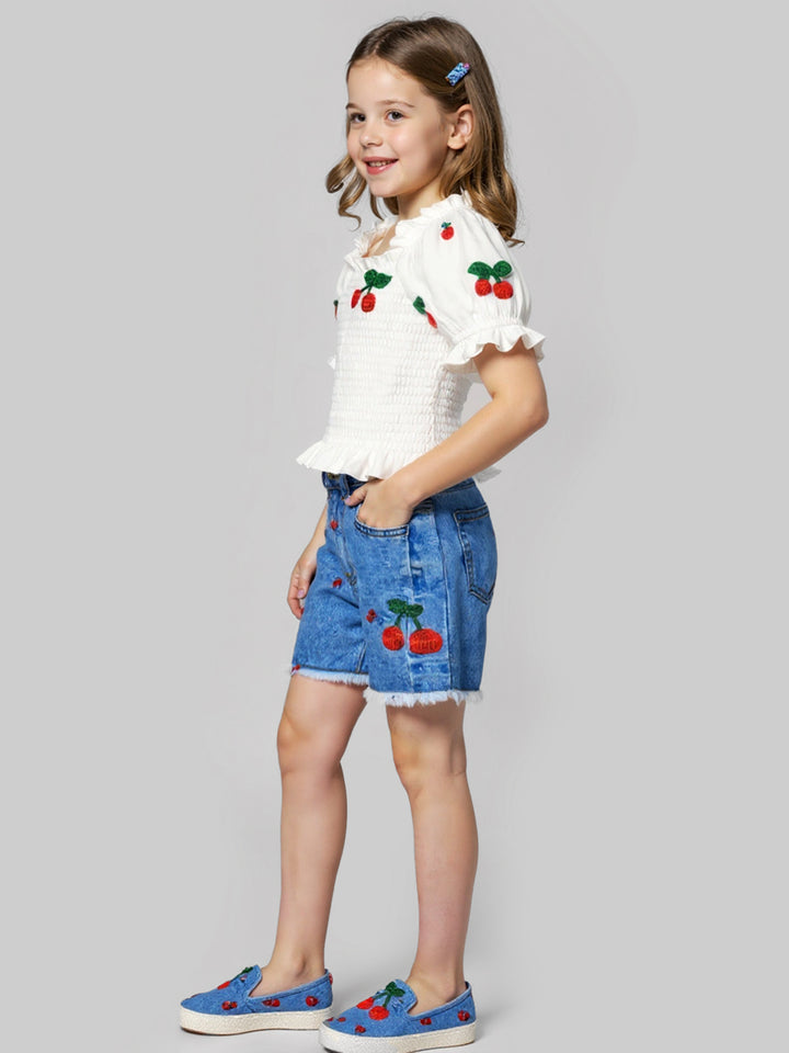 CHERRY EMBROIDERED DENIM SHORTS