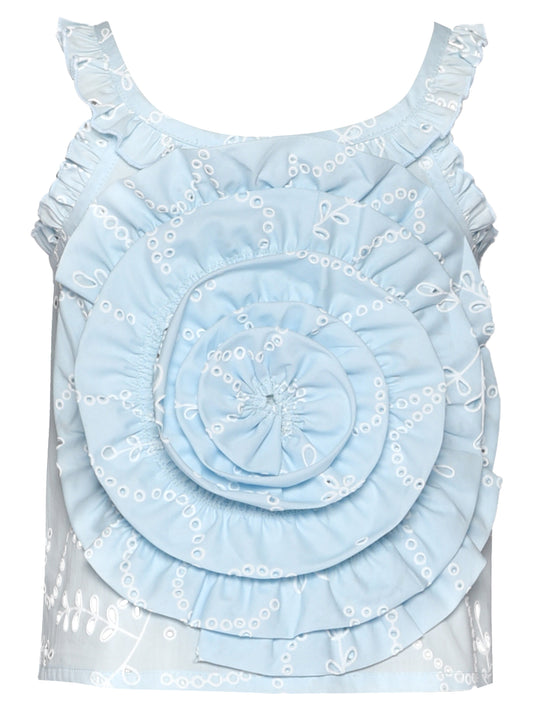 EYELET RUFFLE TOP WITH RUFFLE ROSE DETAIL