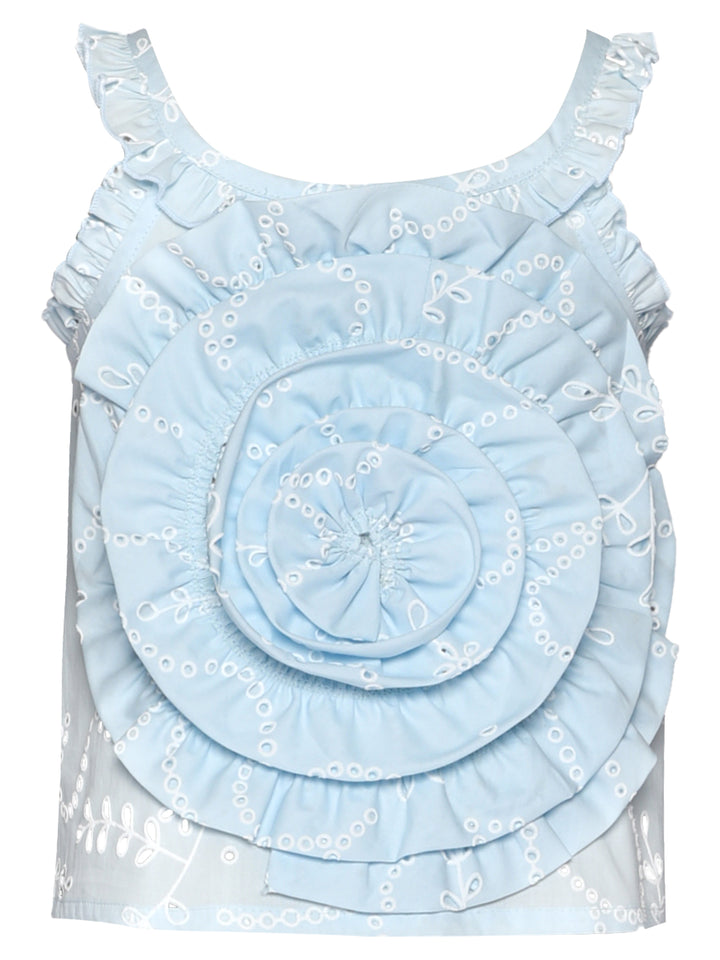 EYELET RUFFLE TOP WITH RUFFLE ROSE DETAIL