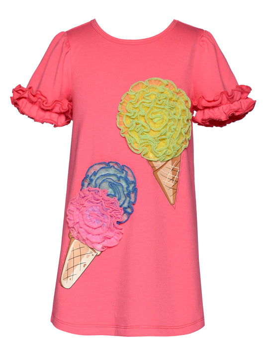 RUFFLE SLEEVE A-LINE DRESS W/ 3D ICE CREAM DETAIL