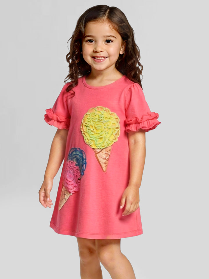 RUFFLE SLEEVE A-LINE DRESS W/ 3D ICE CREAM DETAIL
