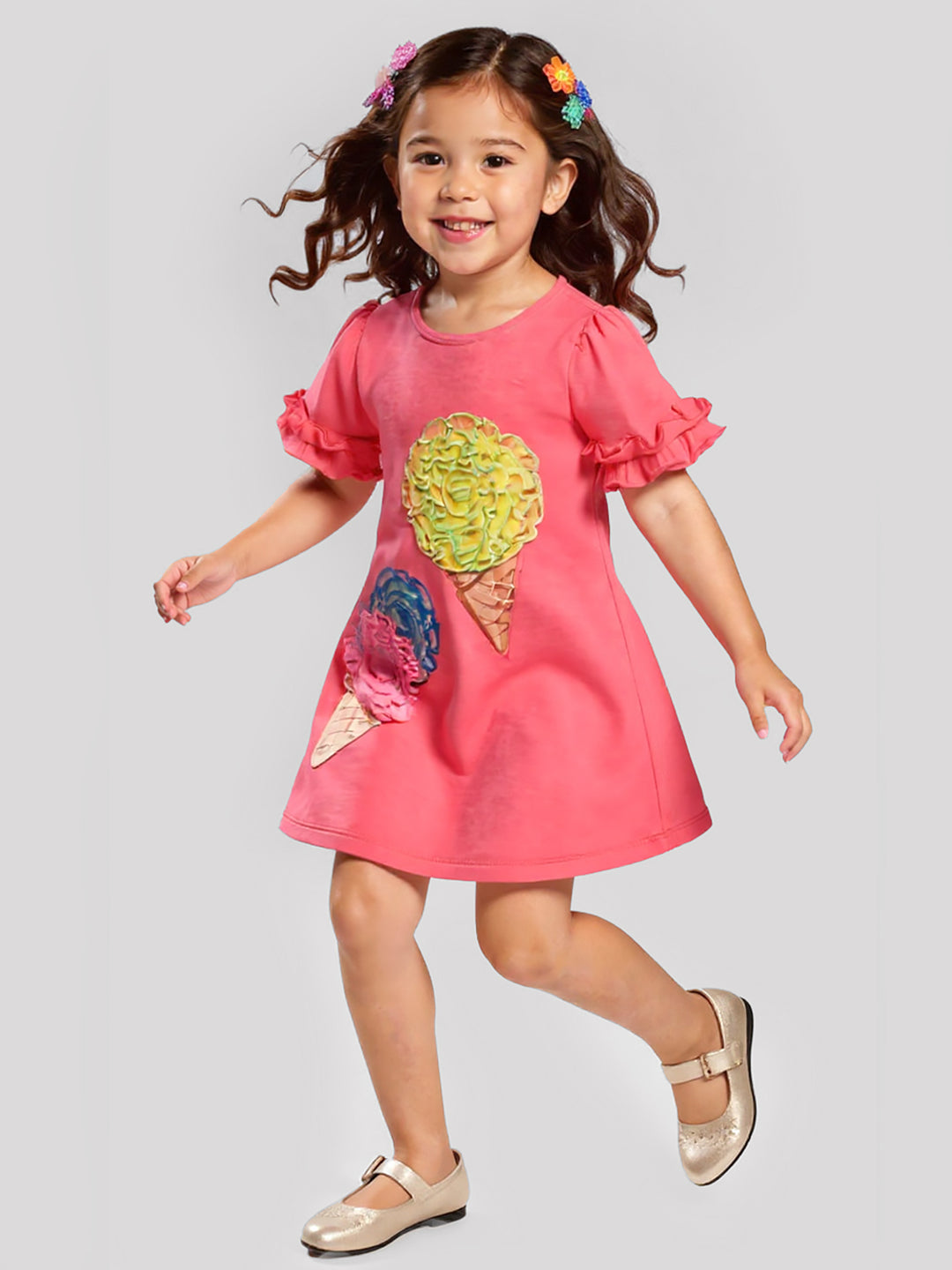 RUFFLE SLEEVE A-LINE DRESS W/ 3D ICE CREAM DETAIL