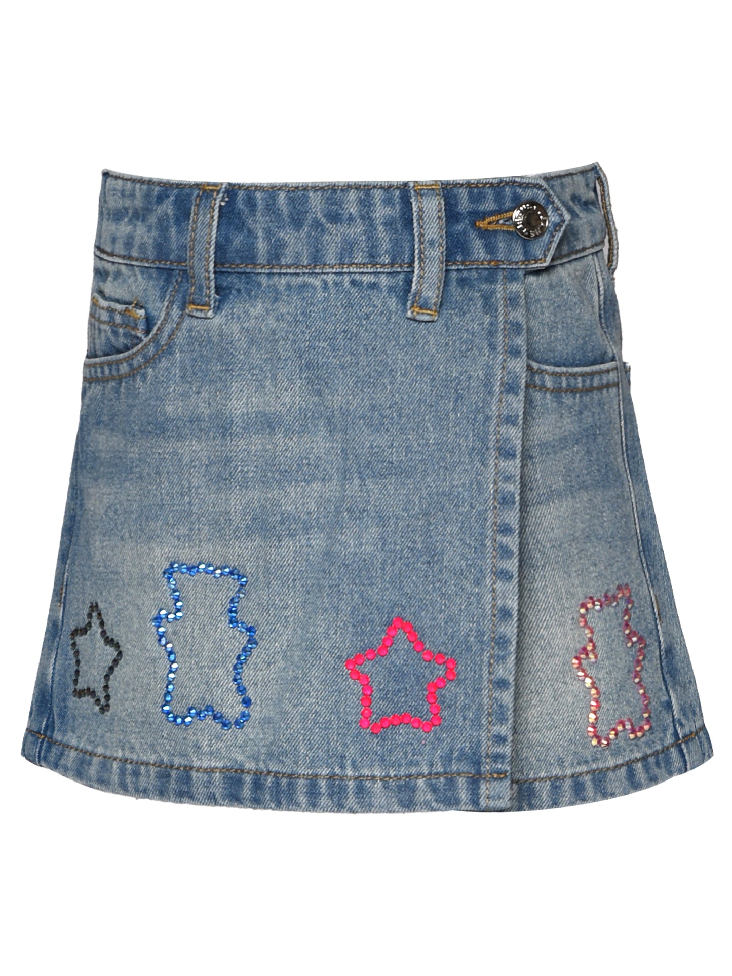 DENIM WRAP SKORT W/ RHINESTONE DETAIL