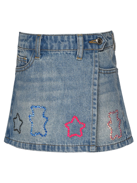 DENIM WRAP SKORT W/ RHINESTONE DETAIL