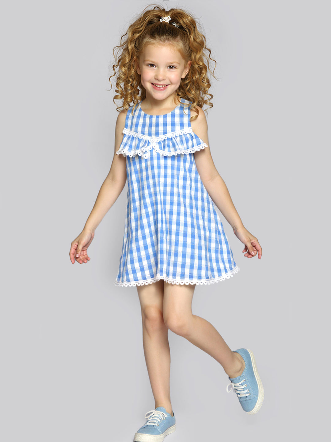 COLD SHOULDER RUFFLE GINGHAM DRESS