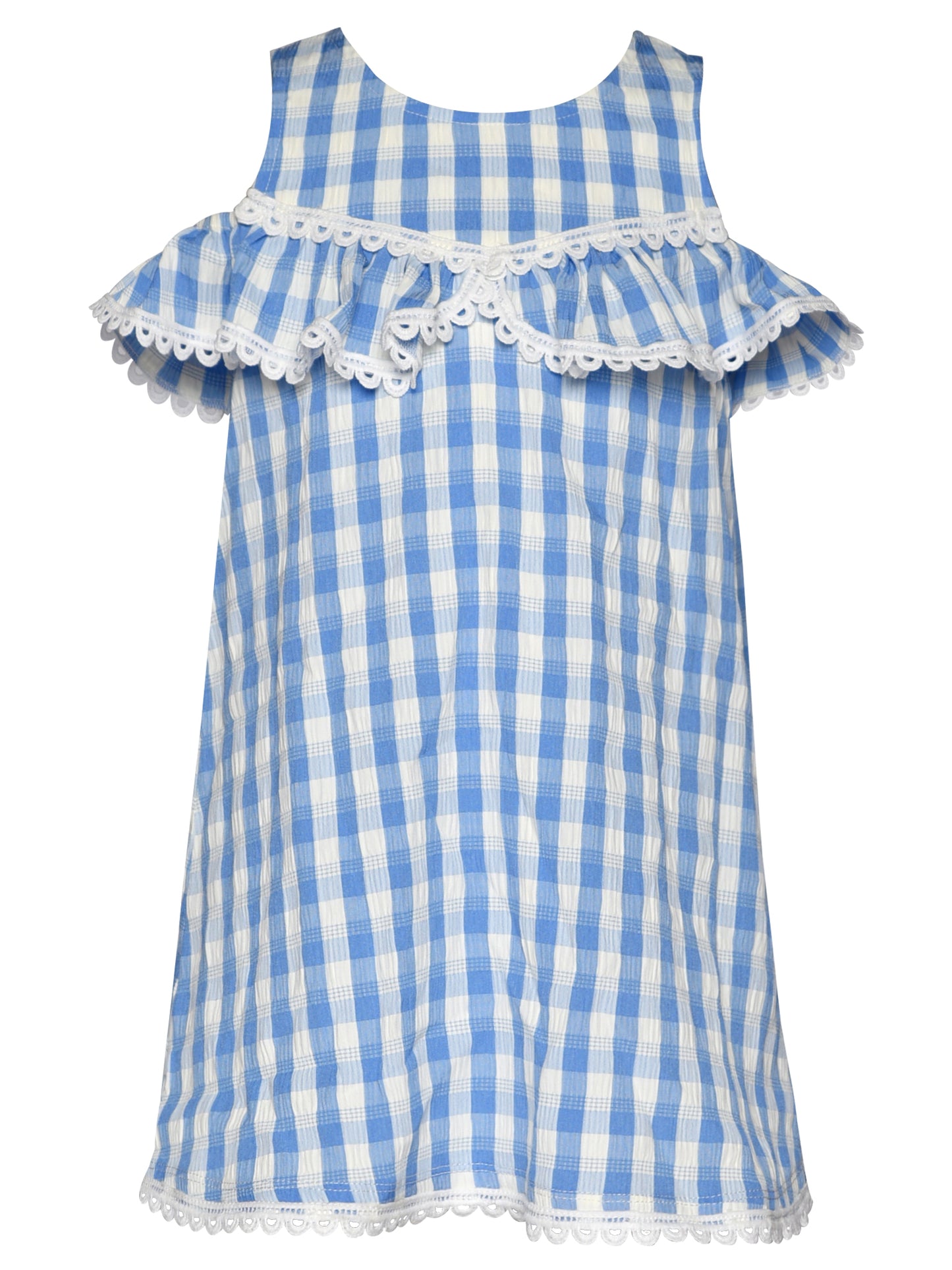 COLD SHOULDER RUFFLE GINGHAM DRESS