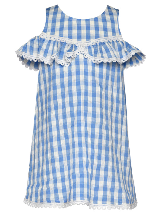 COLD SHOULDER RUFFLE GINGHAM DRESS