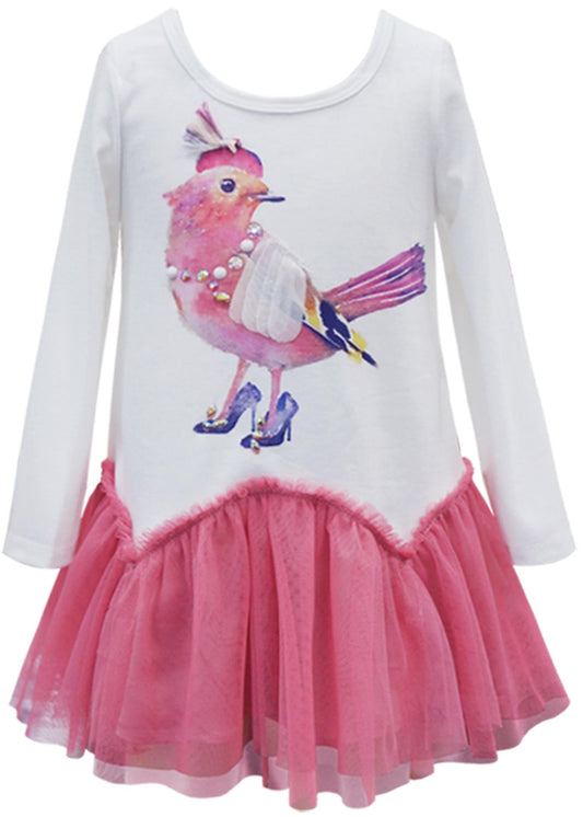 DROP WAIST DRESS WITH (FANCY BIRD) PRINT AND MESH SKIRT