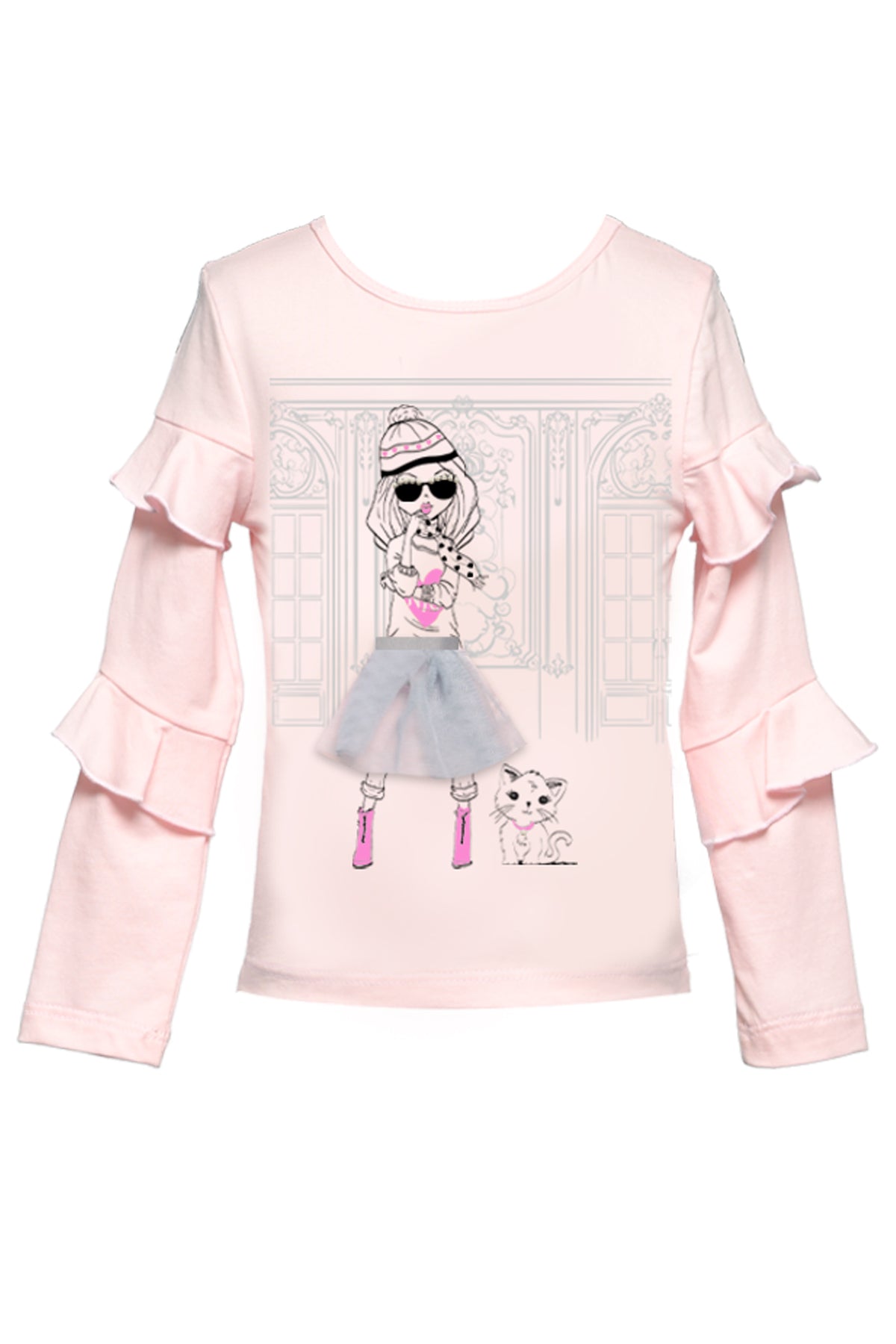 TOP WITH GIRL, TULLE SKIRT AND CAT