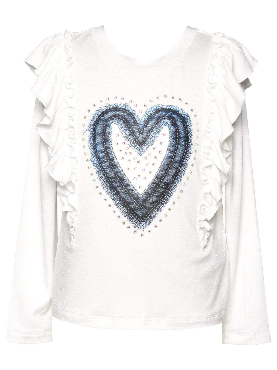 RUFFLE TOP WITH HEART PRINT AND RHINESTONE DETAIL