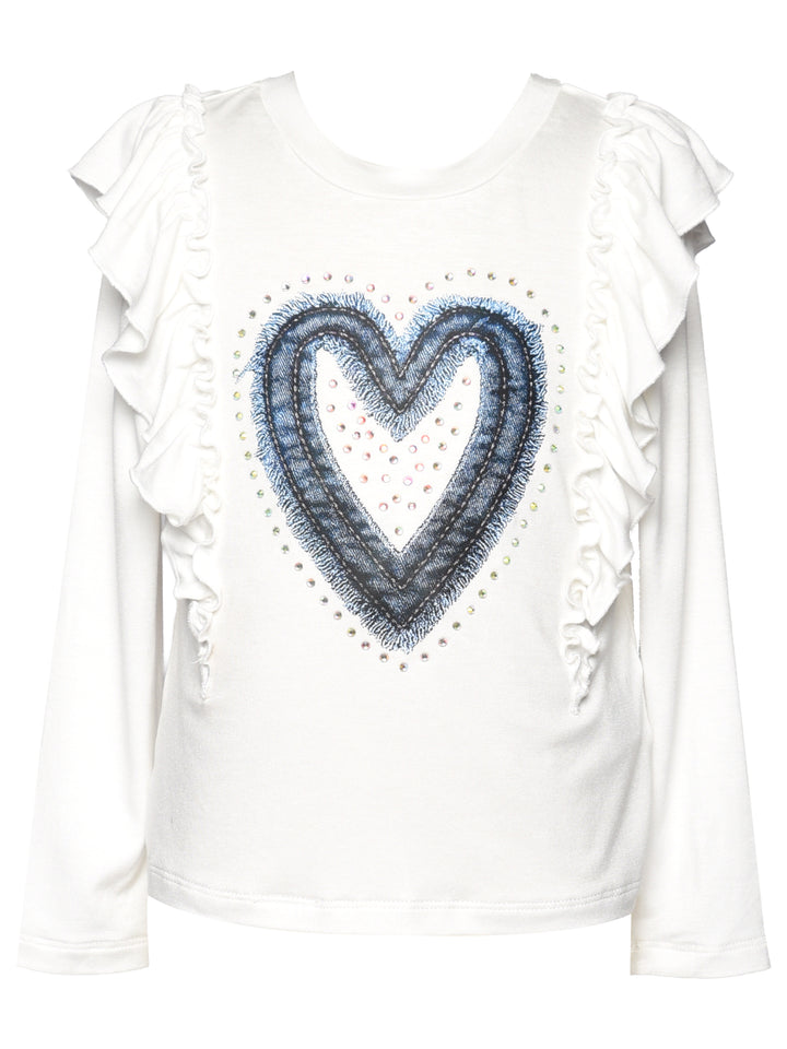 RUFFLE TOP WITH HEART PRINT AND RHINESTONE DETAIL