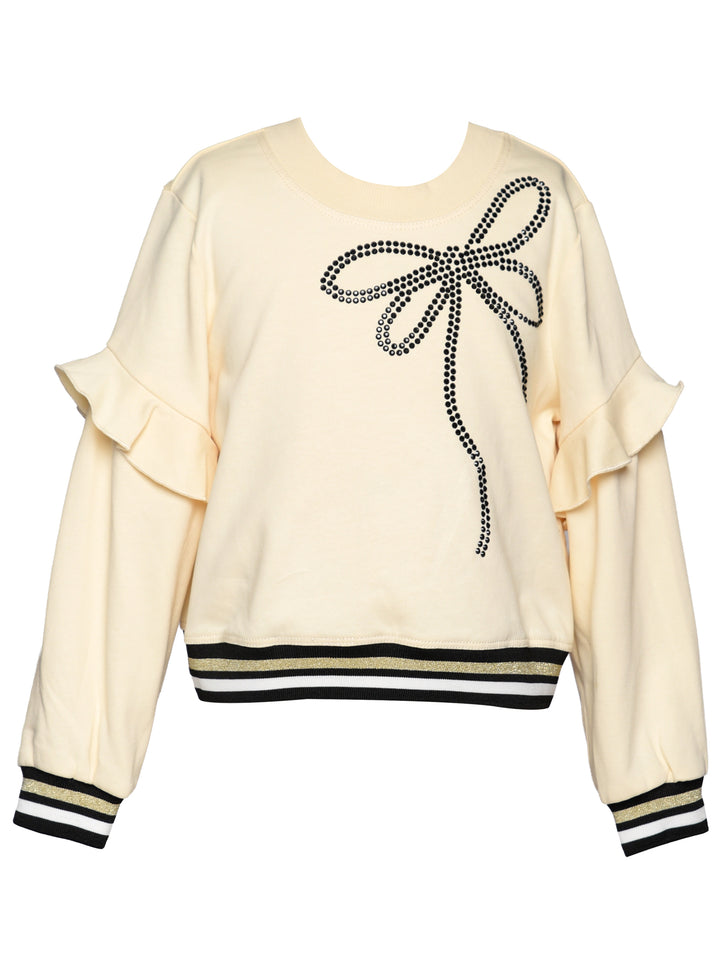 RUFFLE TOP WITH CONTRAST RHINESTONE BOW DETAIL