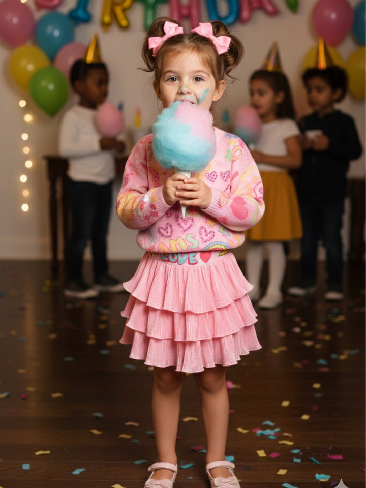 3 TIER MINI PLEATED SKIRT WITH LOVE SEQUIN TRIM DETAIL AT WAIST
