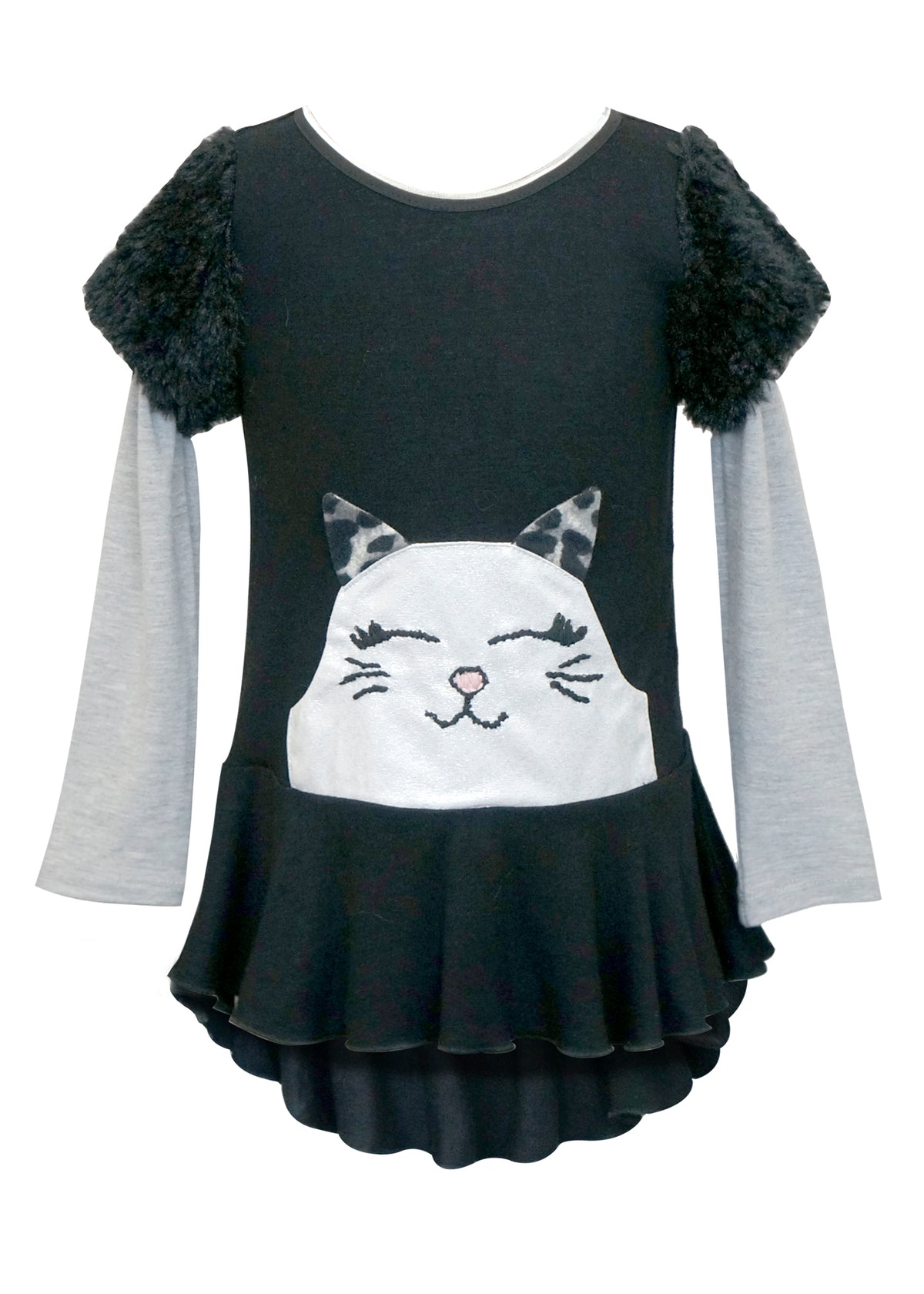 TUNIC WITH GRAY SLEEVES AND WHITE SMILING CAT WITH CLOSED EYES