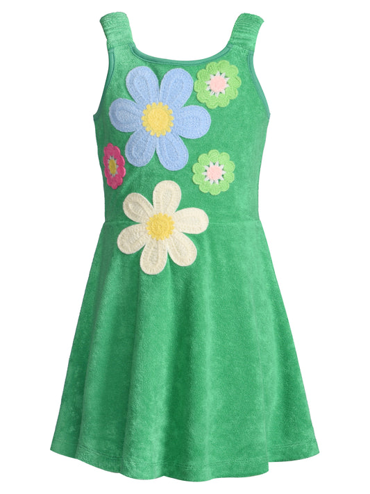 FIT AND FLARE DRESS W/ FLOWER TRIM DETAIL