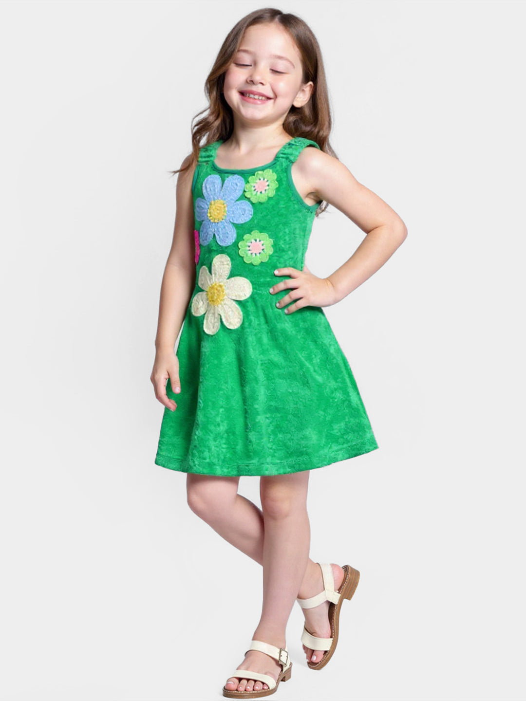 FIT AND FLARE DRESS W/ FLOWER TRIM DETAIL
