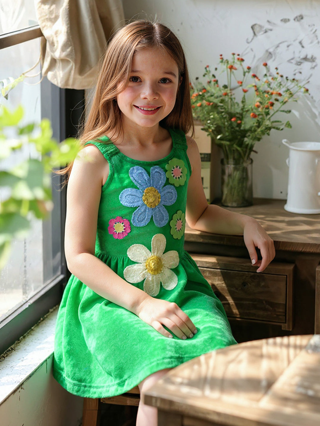 FIT AND FLARE DRESS W/ FLOWER TRIM DETAIL
