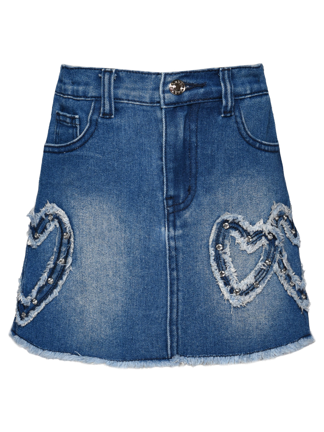 DENIM MINI SKIRT W/ HEART PATCH DETAIL