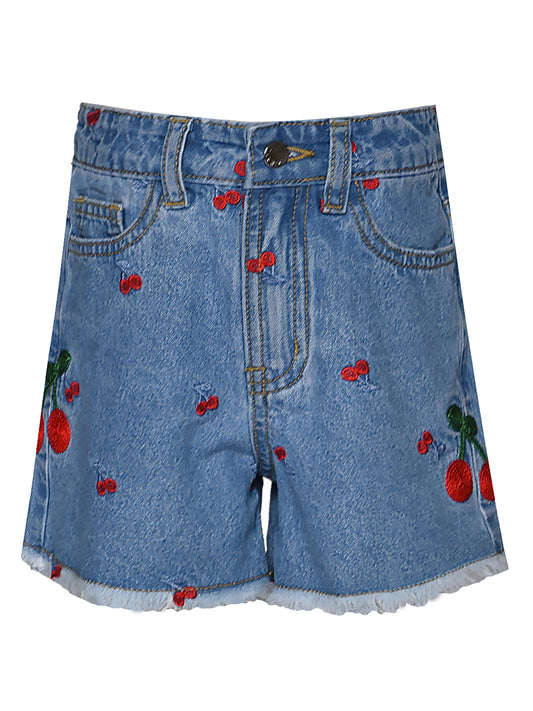 CHERRY EMBROIDERED DENIM SHORTS