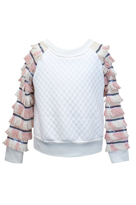 RAGLAN SWEATSHIRT W/ SEQUIN AND FRINGE SLEEVES