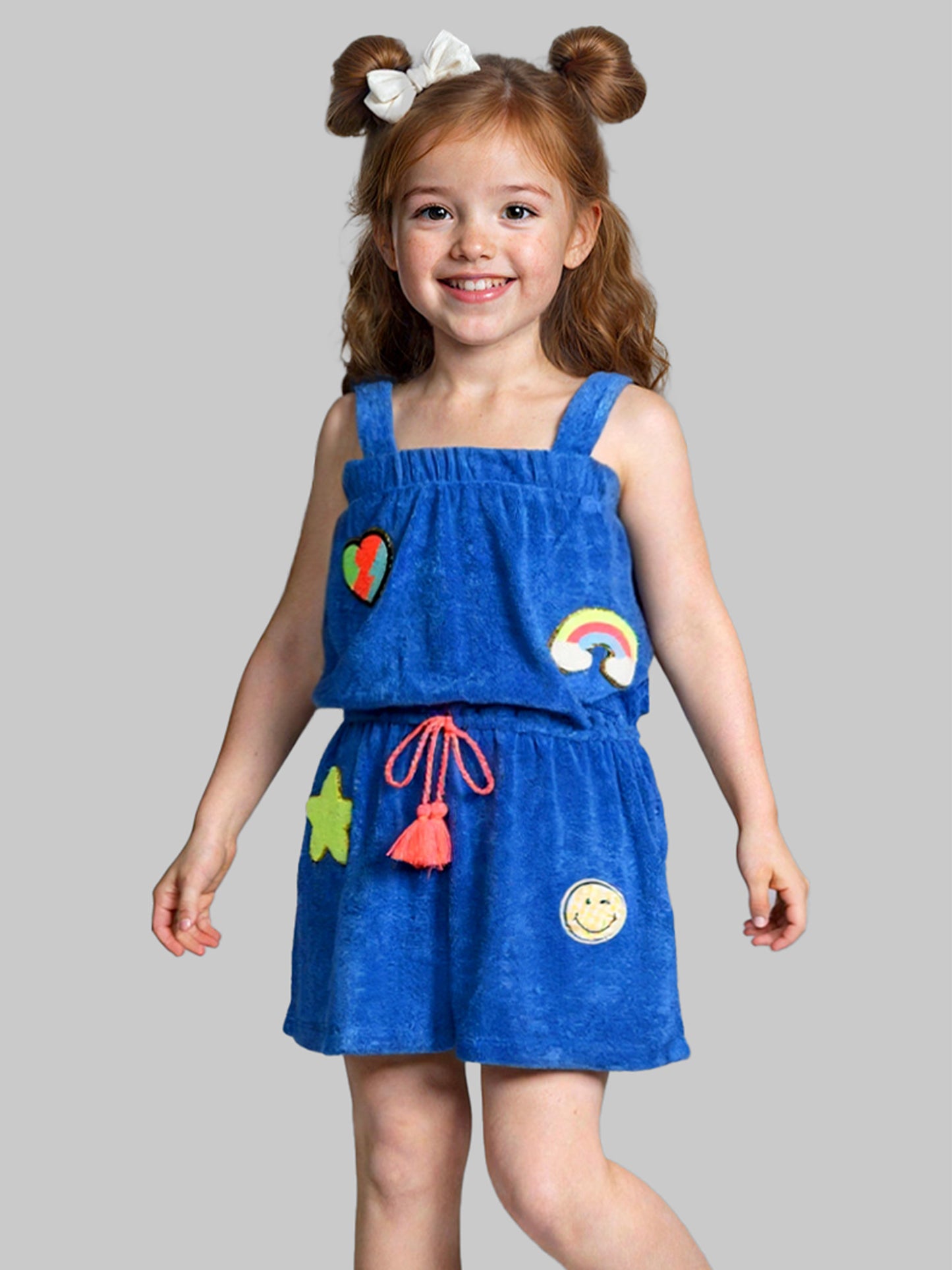 ROMPER W/ PATCH TRIMS AND FAUX TIE