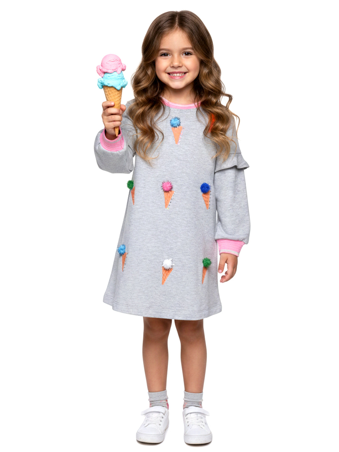 DRESS WITH ICE CREAM PRINT AND POMPOM DETAIL
