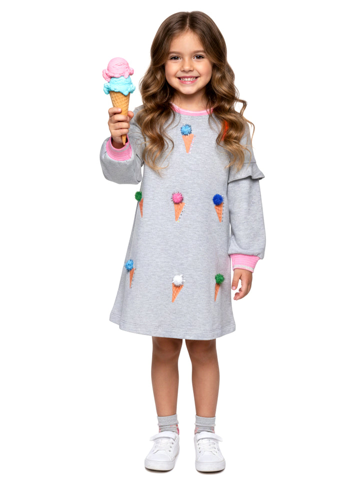 DRESS WITH ICE CREAM PRINT AND POMPOM DETAIL