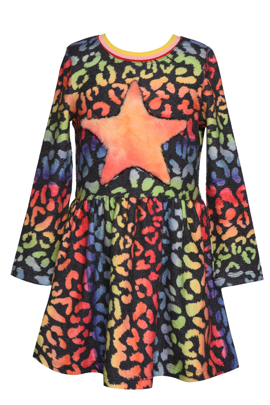 ANIMAL RAINBOW PRINT DRESS WITH FAUX FUR STAR TRIM