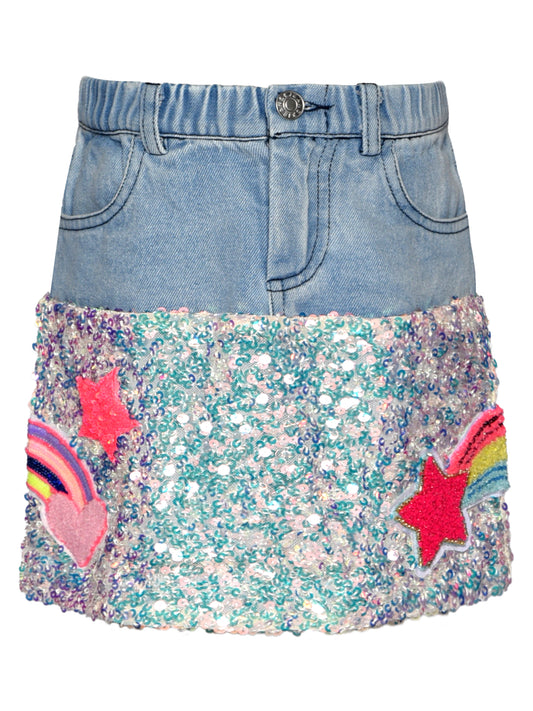 DENIM AND SEQUIN MINI SKIRT W/ PATCH TRIMS