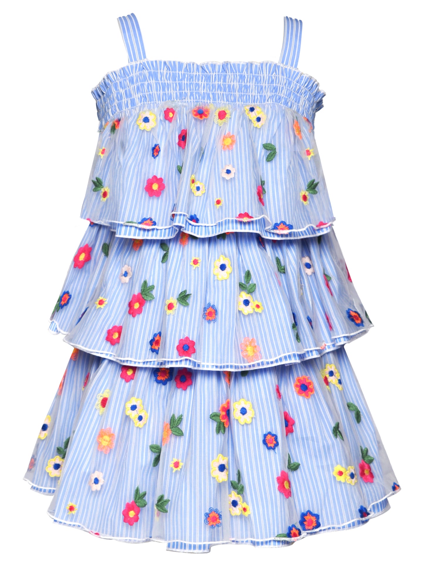 EMBROIDERED OVERLAY 3-TIER MESH DRESS