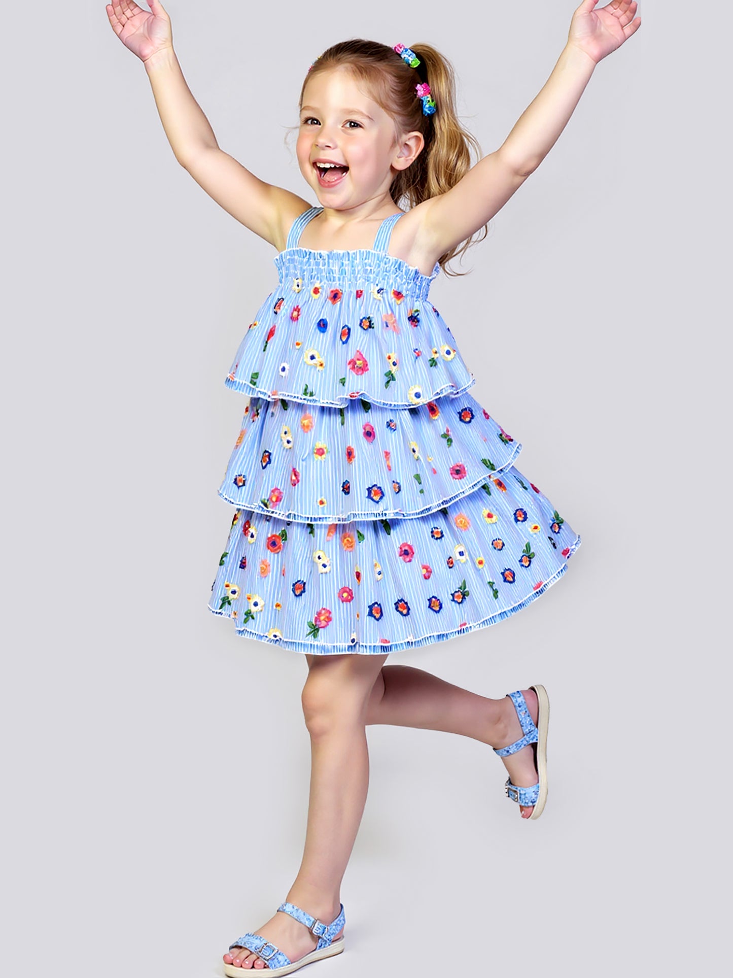 EMBROIDERED OVERLAY 3-TIER MESH DRESS