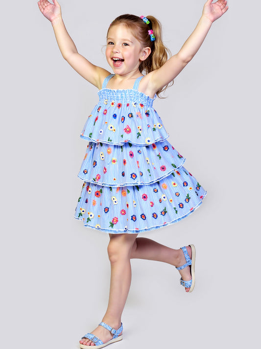 EMBROIDERED OVERLAY 3-TIER MESH DRESS