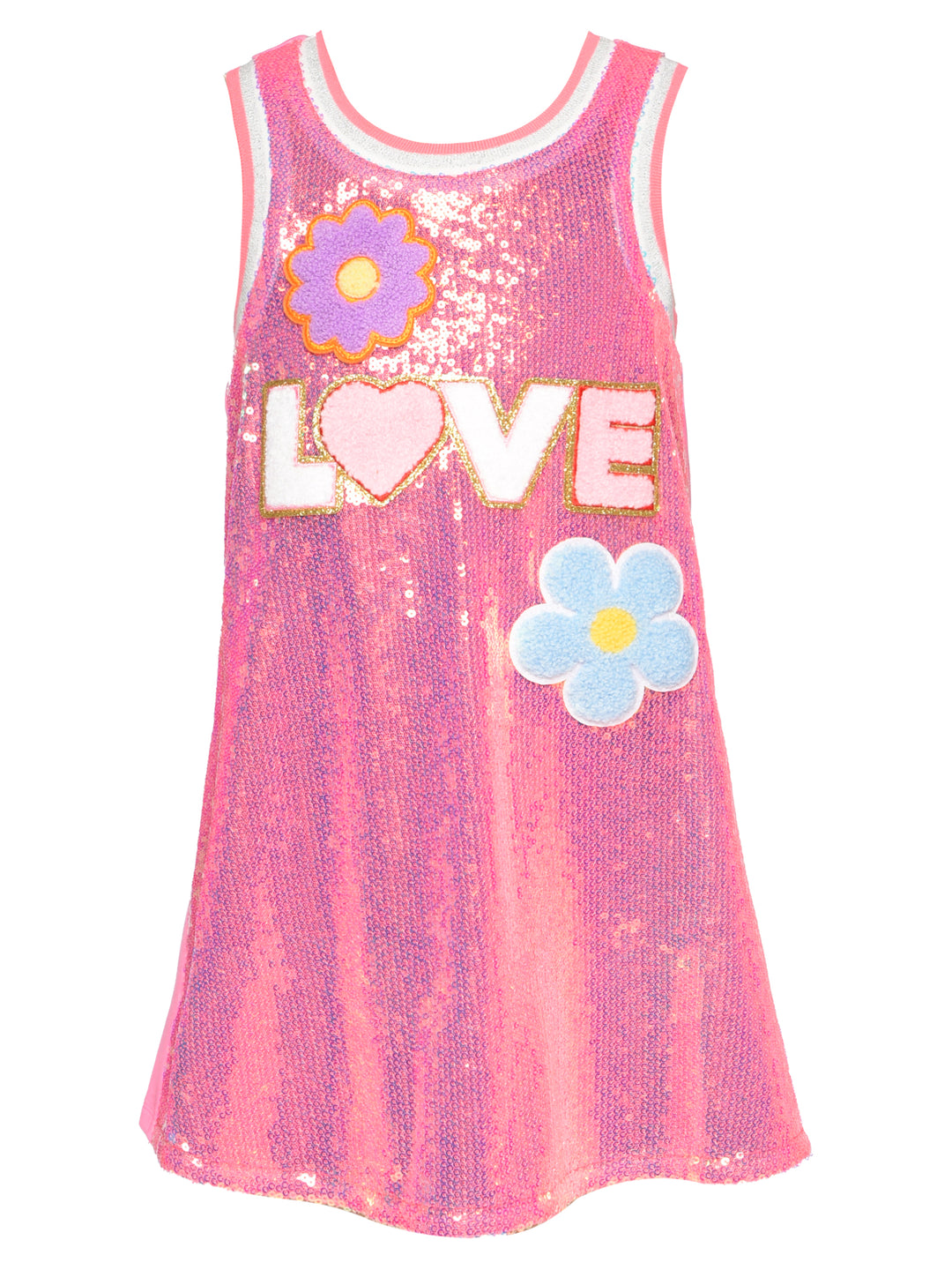 A-LINE SEQUIN DRESS W/ LOVE AND FLOWER TRIMS