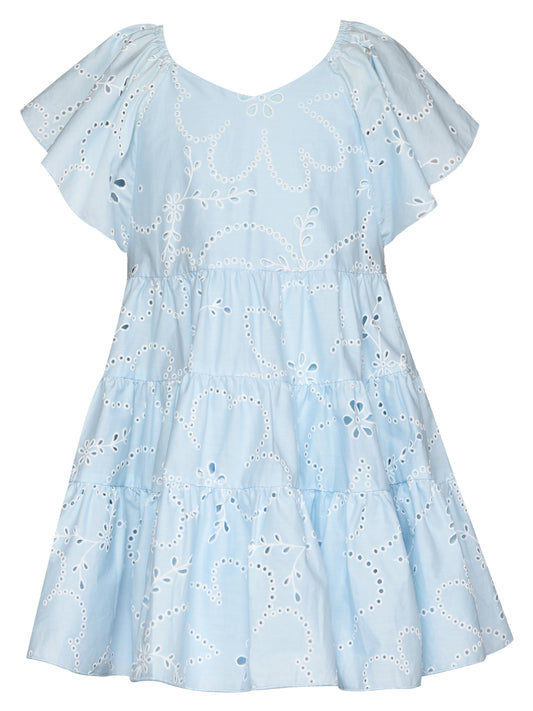 EYELET FLUTTER SLEEVE DRESS