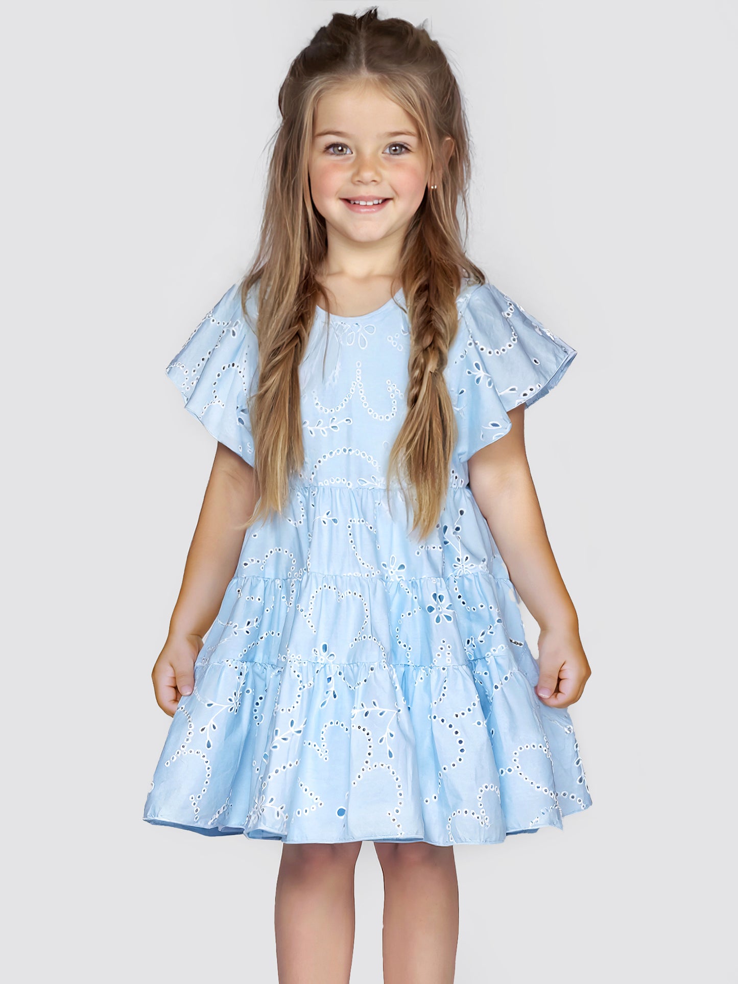 EYELET FLUTTER SLEEVE DRESS