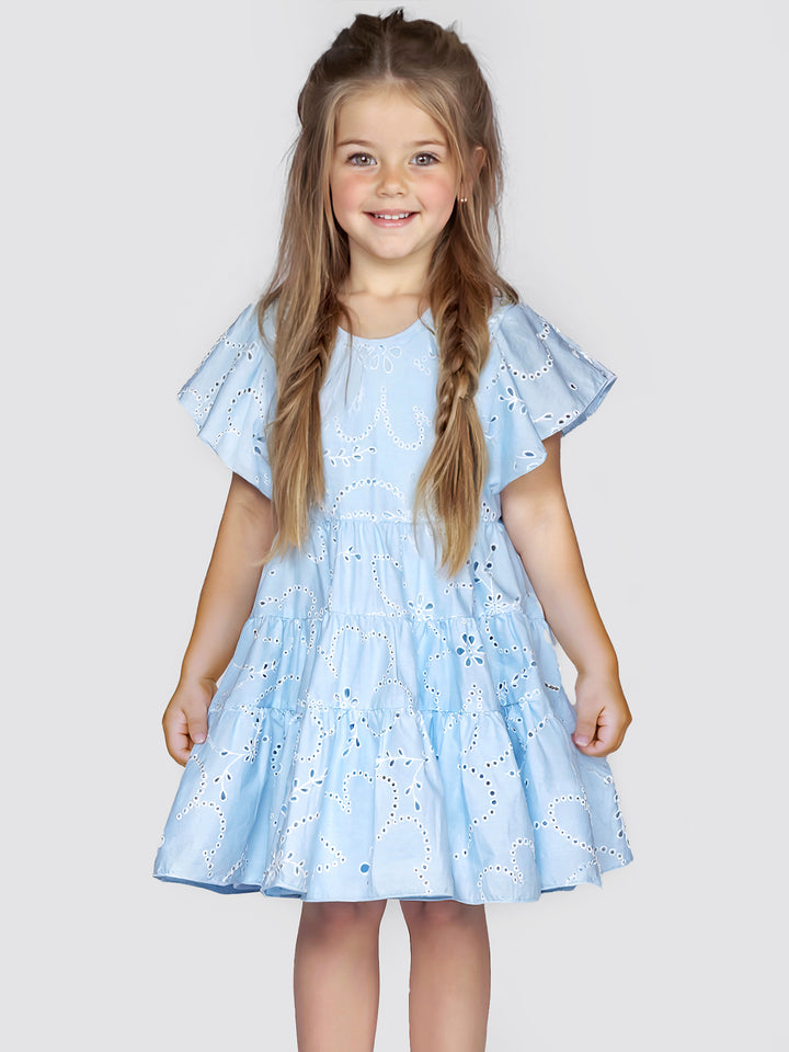 EYELET FLUTTER SLEEVE DRESS