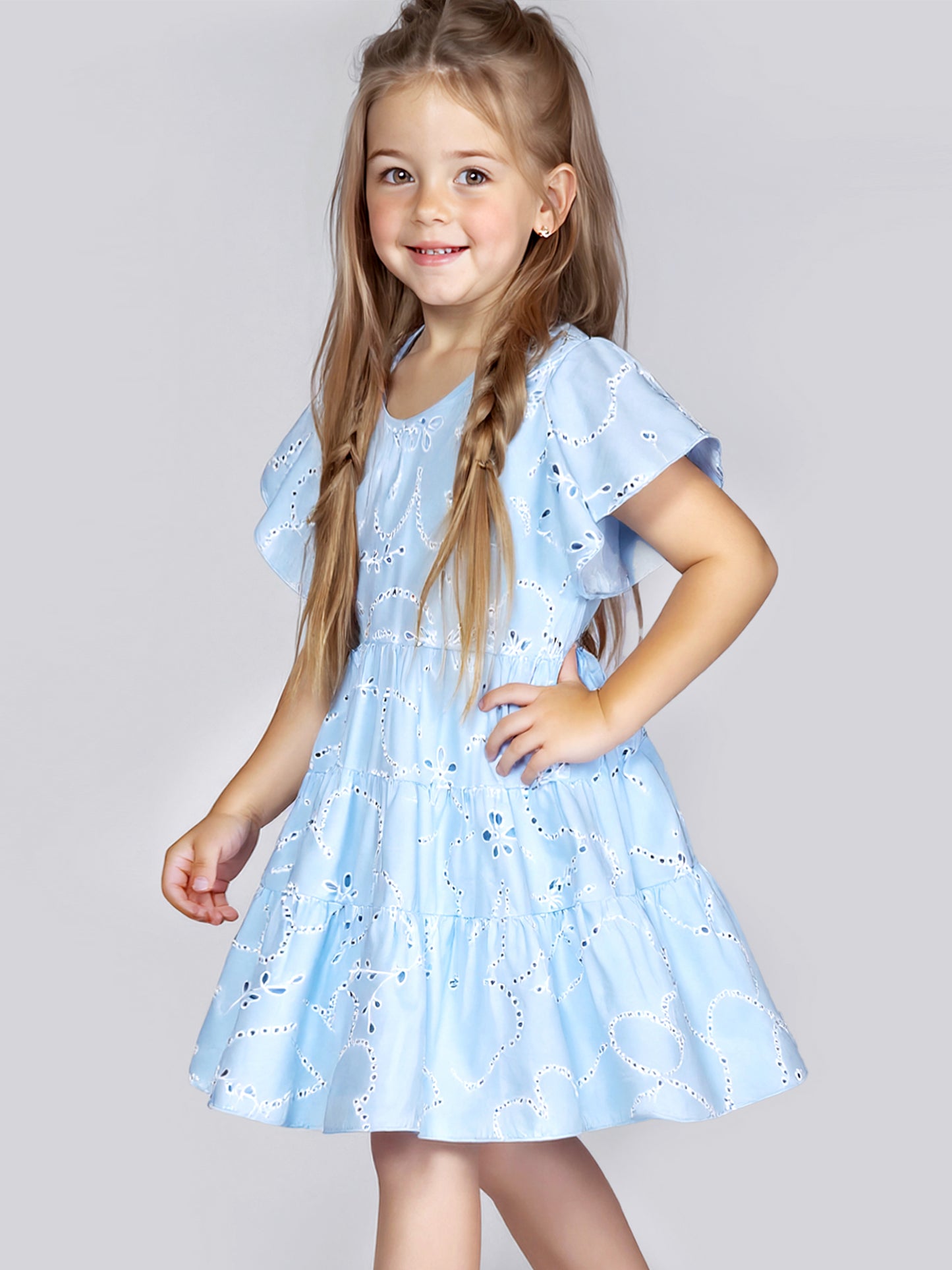 EYELET FLUTTER SLEEVE DRESS