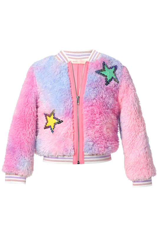 TIE-DYE FAUX FUR BOMBER JACKET W/ STAR TRIM DETAIL