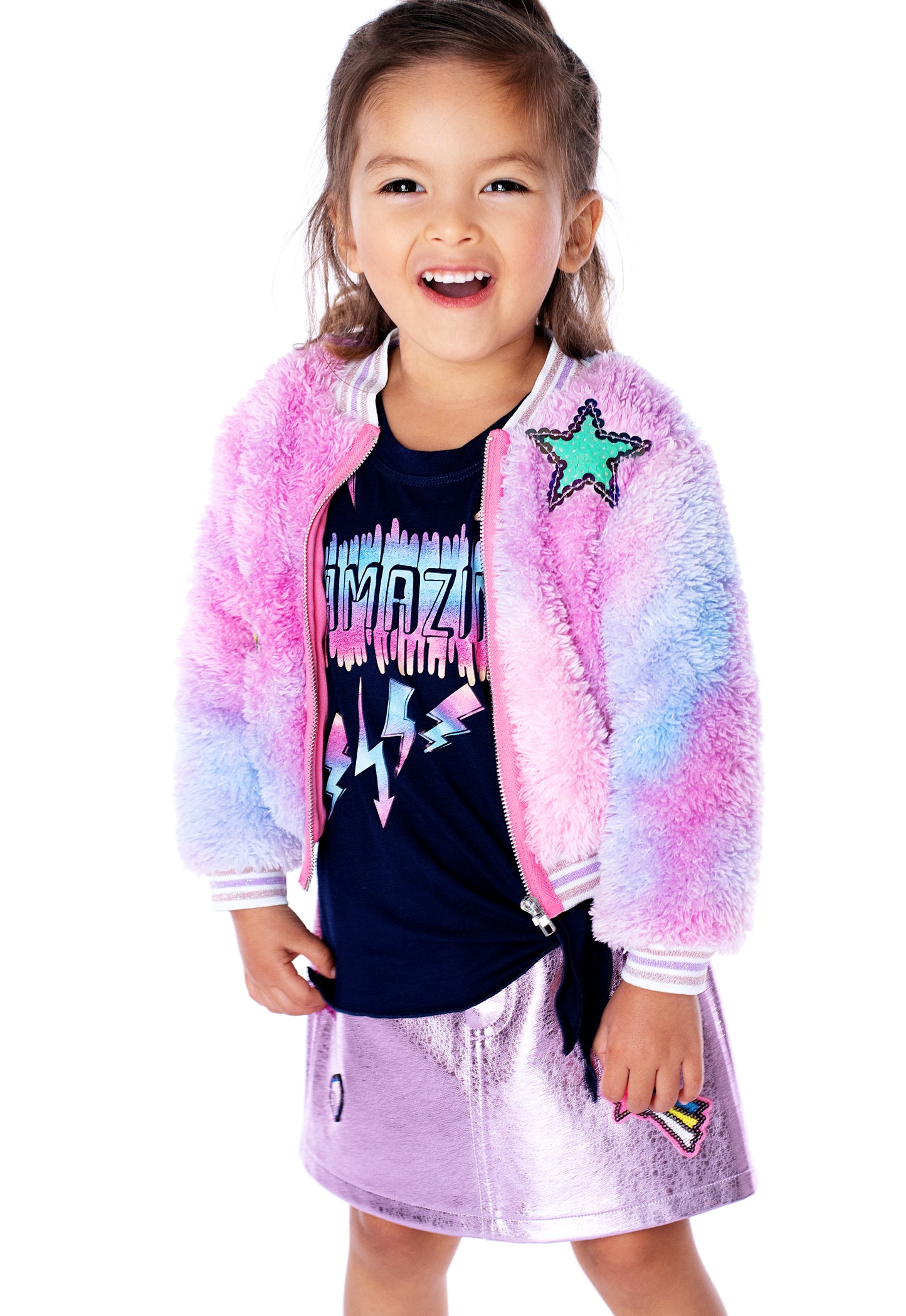 TIE-DYE FAUX FUR BOMBER JACKET W/ STAR TRIM DETAIL