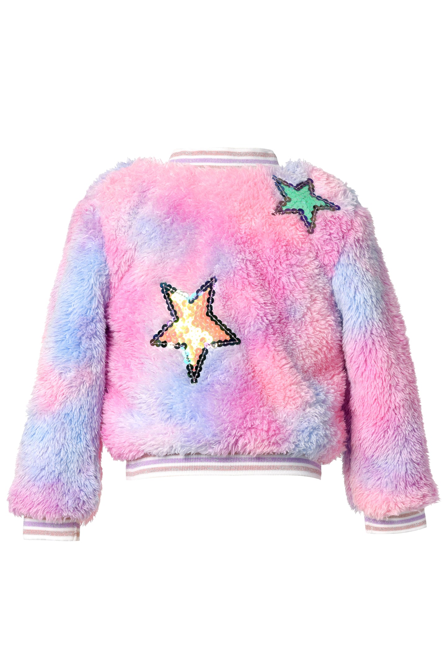 TIE-DYE FAUX FUR BOMBER JACKET W/ STAR TRIM DETAIL