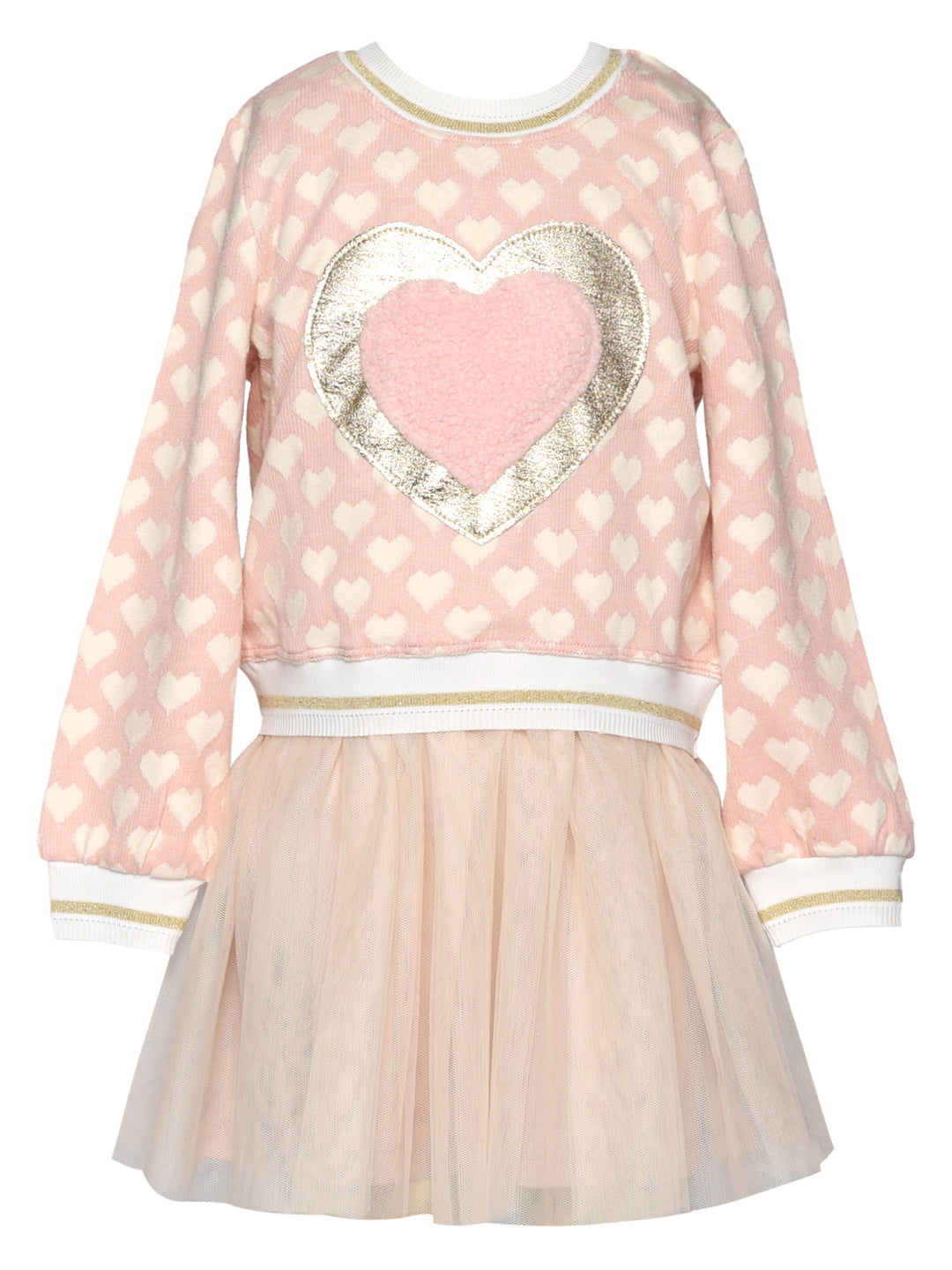 TWOFER DRESS WITH HEART TRIM AND MESH SKIRT