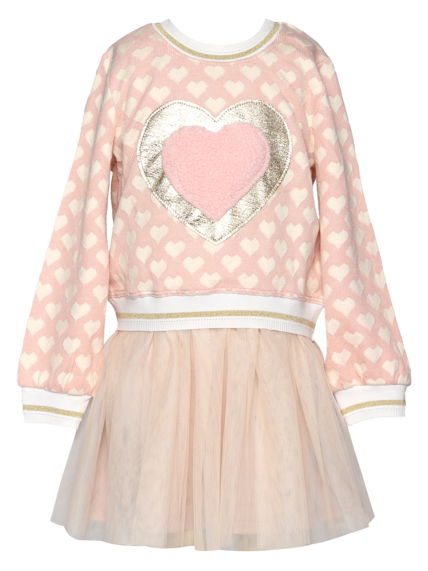 TWOFER DRESS WITH HEART TRIM AND MESH SKIRT