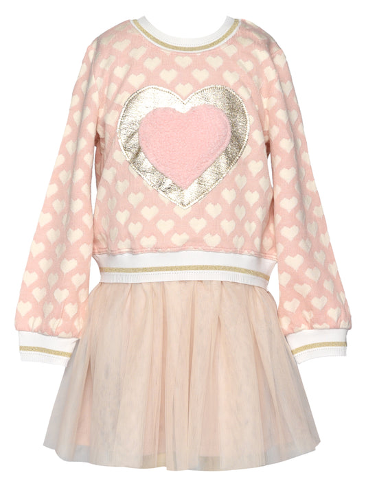 TWOFER DRESS WITH HEART TRIM AND MESH SKIRT
