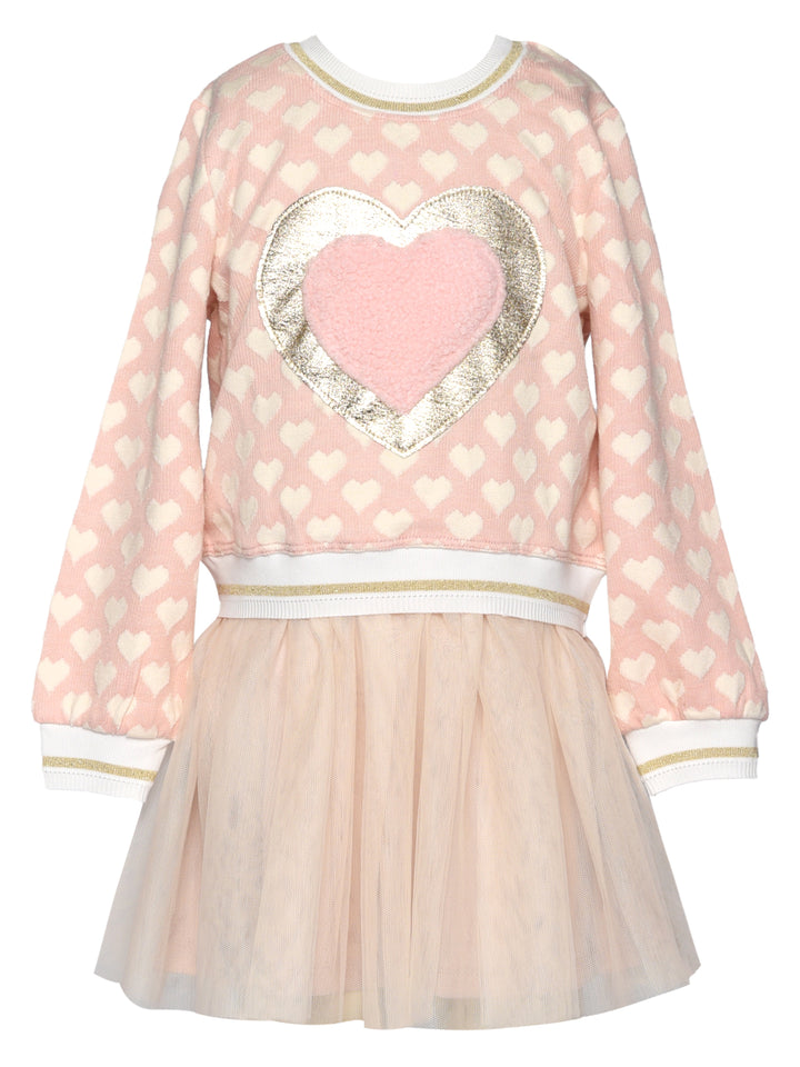 TWOFER DRESS WITH HEART TRIM AND MESH SKIRT