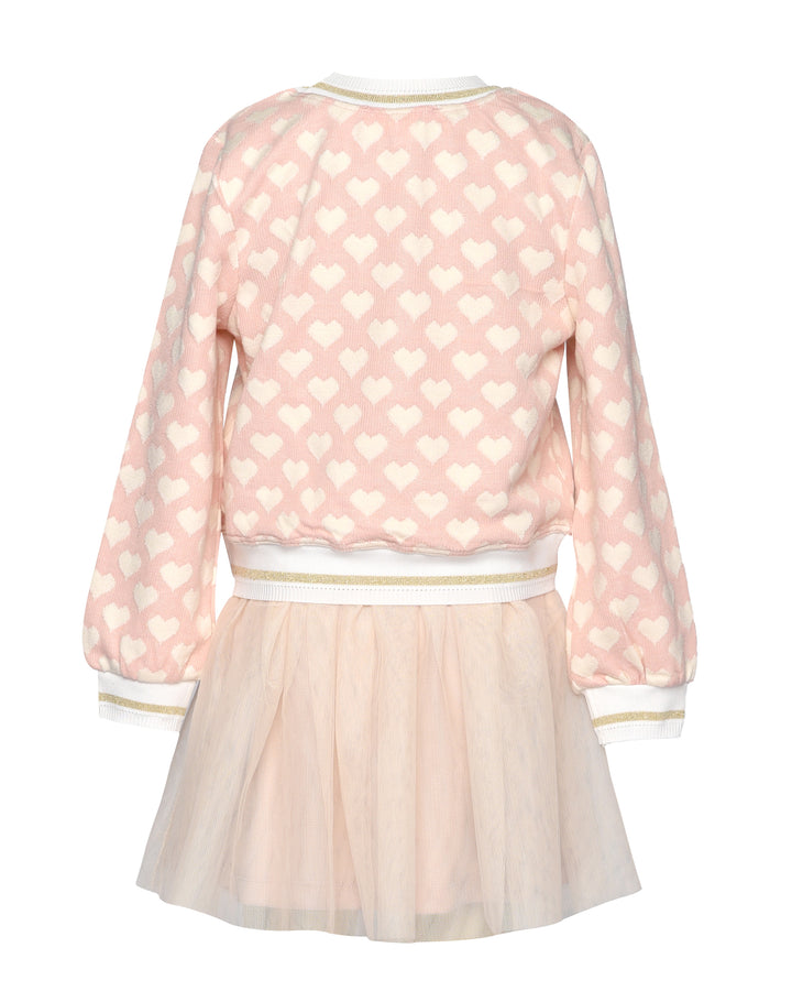 TWOFER DRESS WITH HEART TRIM AND MESH SKIRT