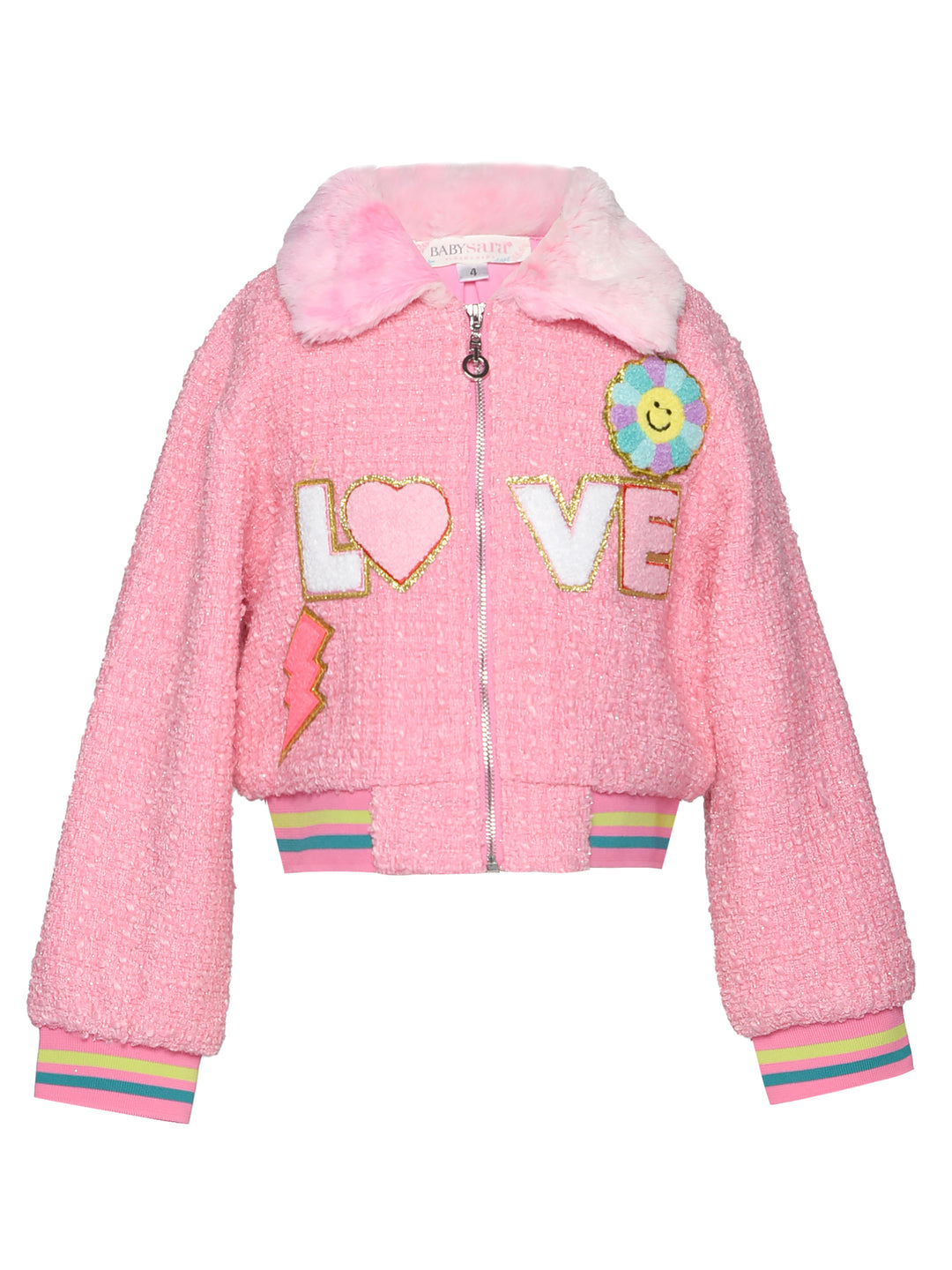 TWEED BOMBER JACKET W/ FAUX FUR COLLAR AND LOVE TRIM DETAIL