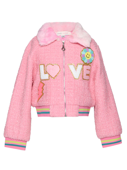TWEED BOMBER JACKET W/ FAUX FUR COLLAR AND LOVE TRIM DETAIL